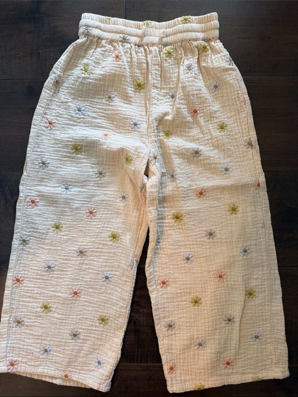Rylee + Cru Cream Pajama Pants with Pastel Floral Embroidery